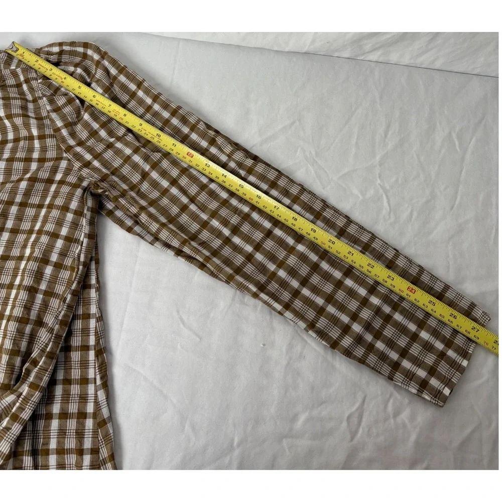 Madewell Plaid Puff Sleeve V Neck Button Front‎ Blouse Top Size 4 Brown White